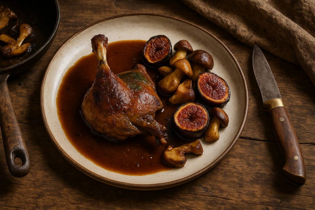 Canard colvert aux figues et cèpes, sauce salmis