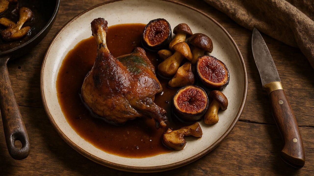 Canard colvert aux figues et cèpes, sauce salmis