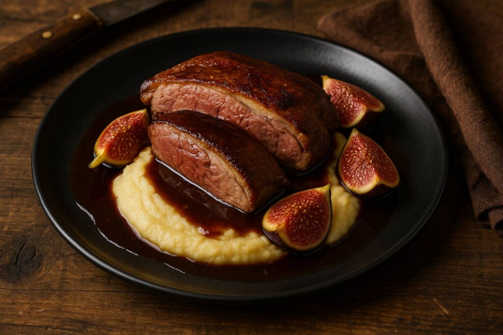 Colvert rôti aux figues et purée de panais