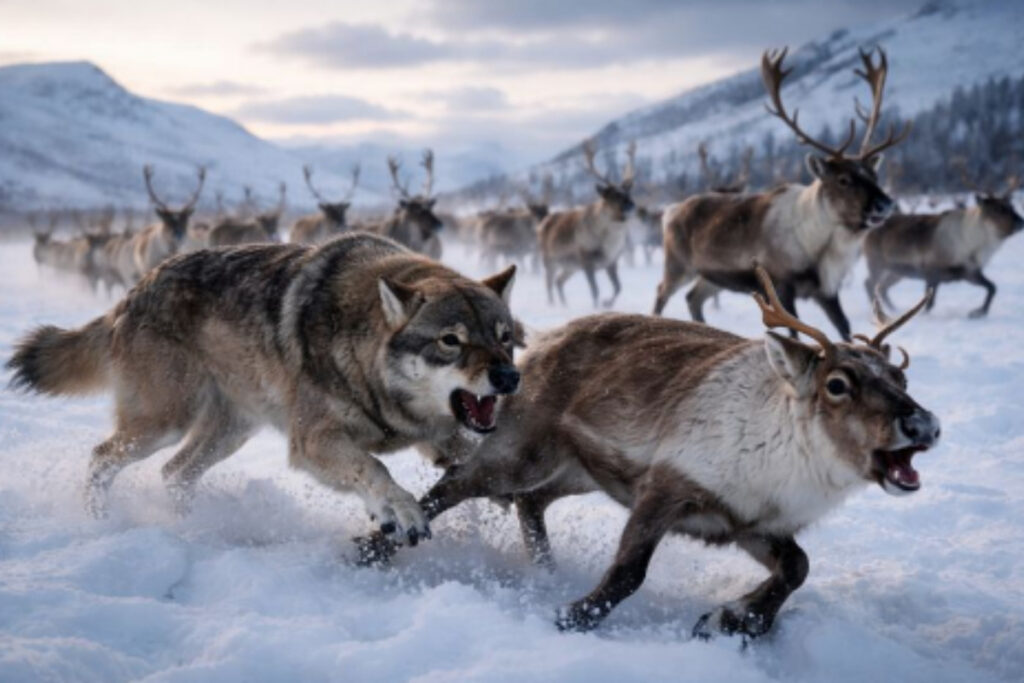 Loup attaquant un jeune renne en Finlande