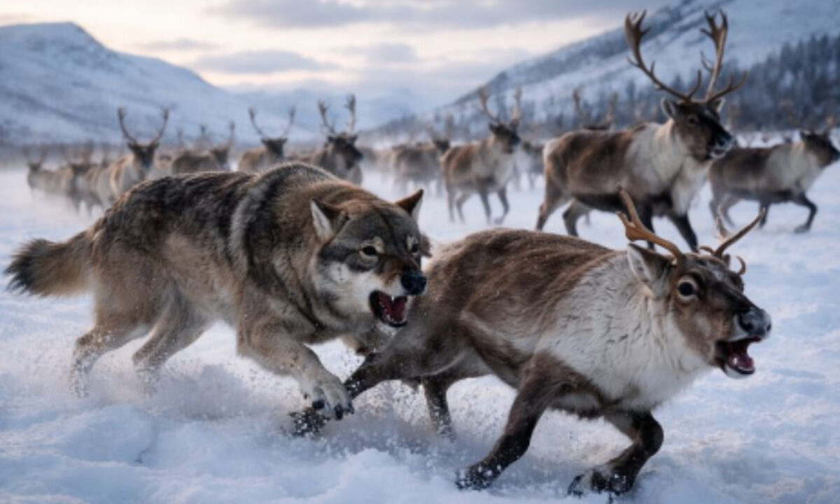 Loup attaquant un jeune renne en Finlande