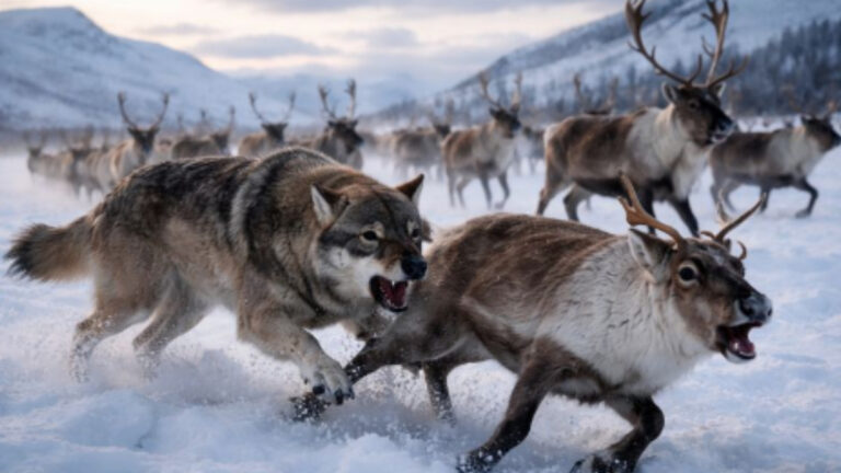 Loup attaquant un jeune renne en Finlande