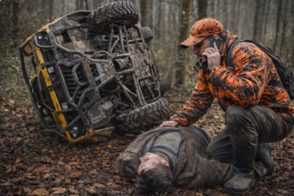 Chasseur secourant le pilote d'un buggy accidenté dans l'Eure