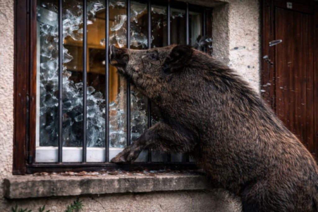 Sanglier tentant de pénétrer dans une habitation