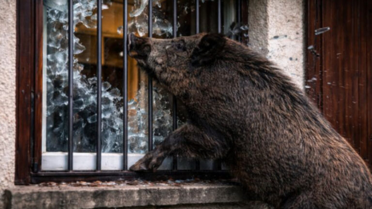 Sanglier tentant de pénétrer dans une habitation