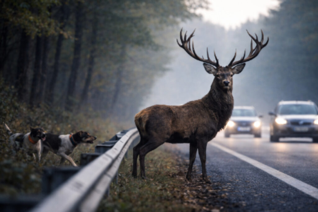 Cerf chassé par une meute autoroute