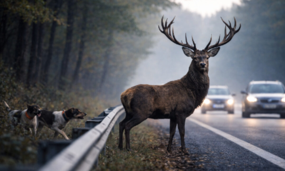 Cerf chassé par une meute autoroute