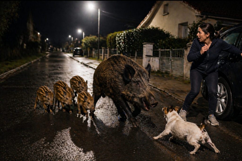 Charge sanglier sur promeneuse et son chien