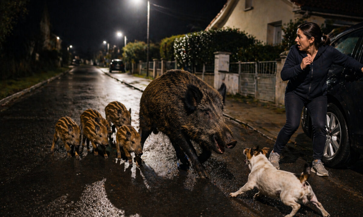 Charge sanglier sur promeneuse et son chien