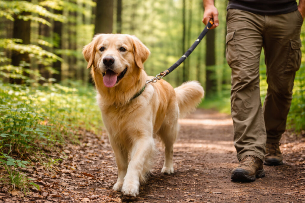 Chien tenu en laisse en forêt
