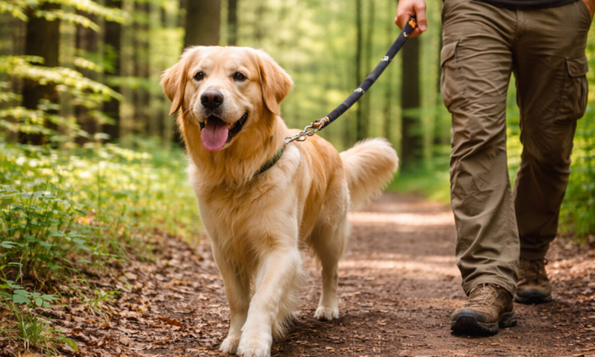 Chien tenu en laisse en forêt