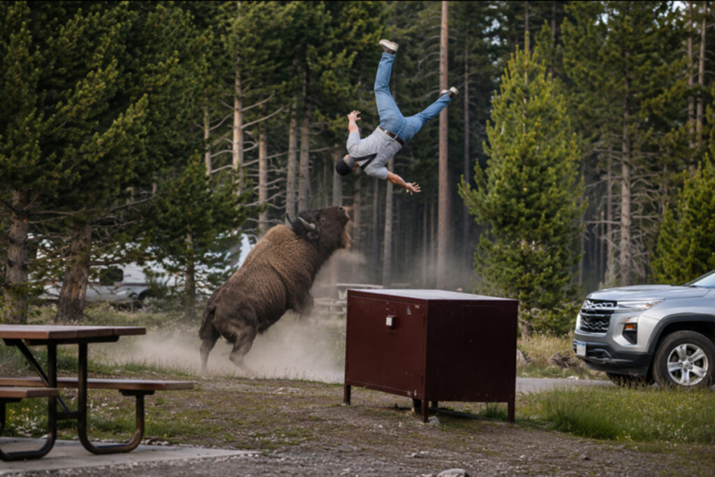 Bison chargeant un touriste au Yellowstone
