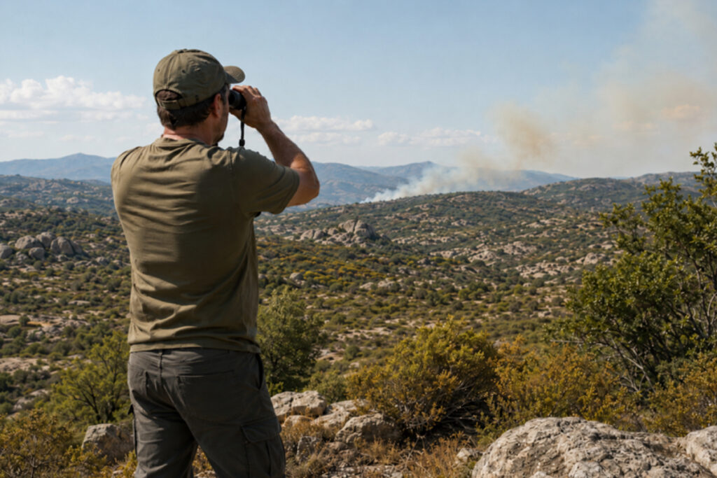 Chasseur corse surveillant un départ de feu dans le maquis
