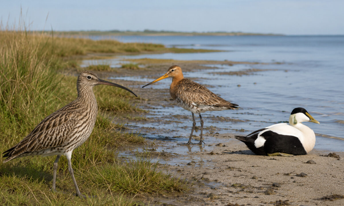 Courlis cendré, barge à queue noire et eider à duvet
