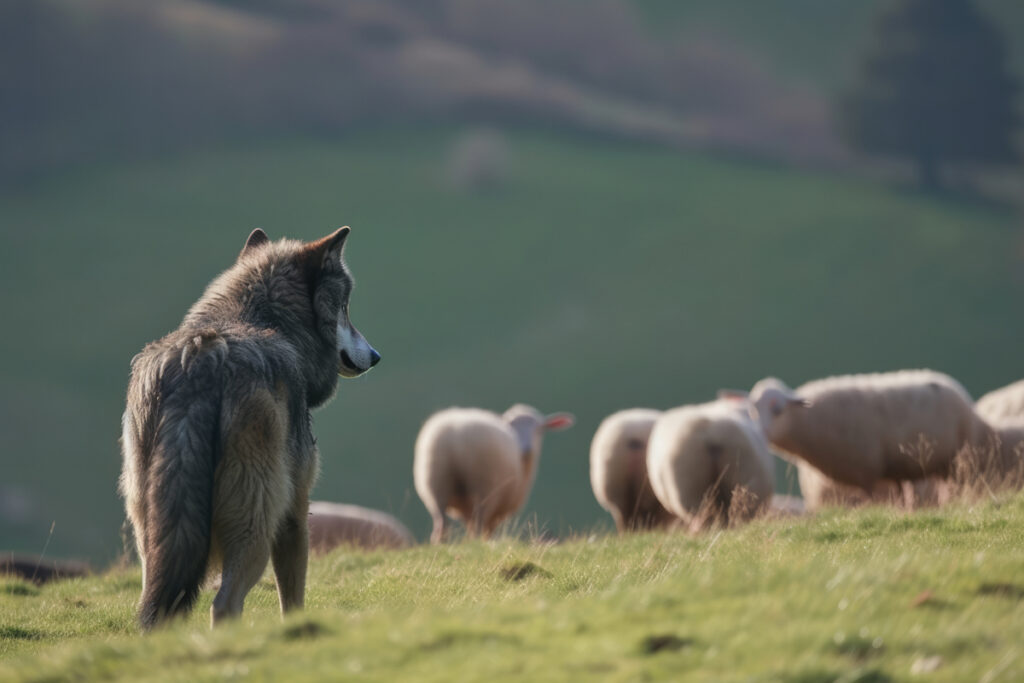 Loup en prédation sur un troupeau d'ovins