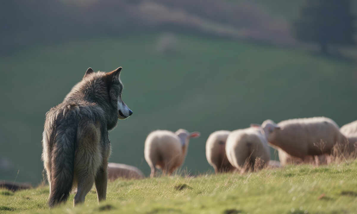 Loup en prédation sur un troupeau d'ovins