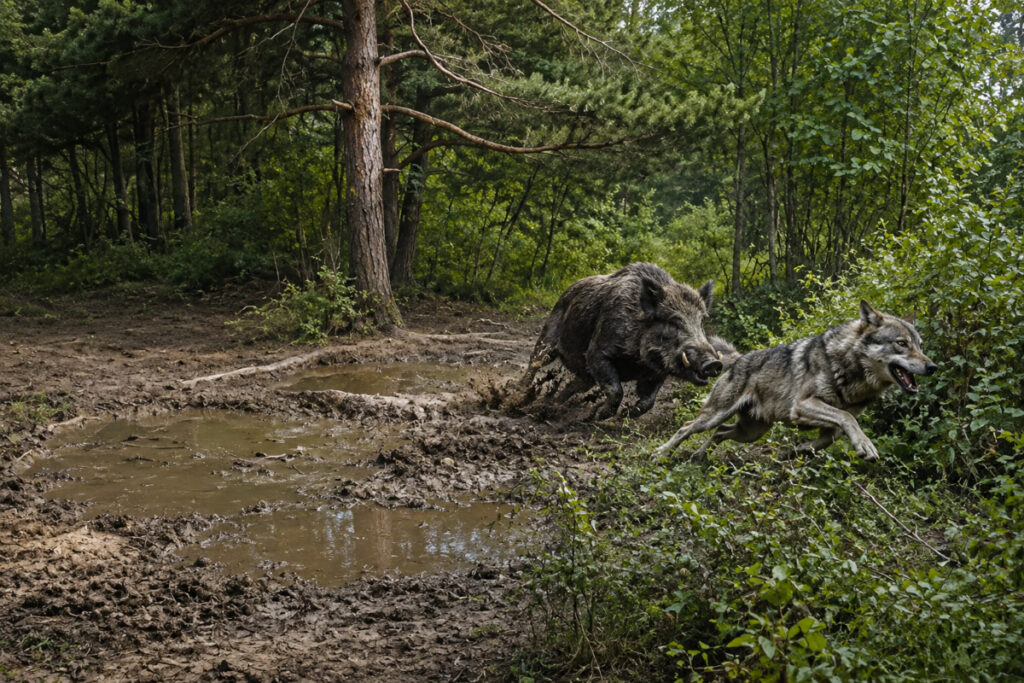 Sanglier poursuivant un loup