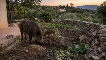 Corse : les sangliers viennent manger dans la gamelle du chat !
