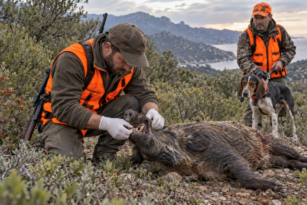 Chasseur examinant un sanglier prélevé