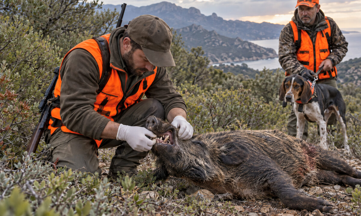 Chasseur examinant un sanglier prélevé