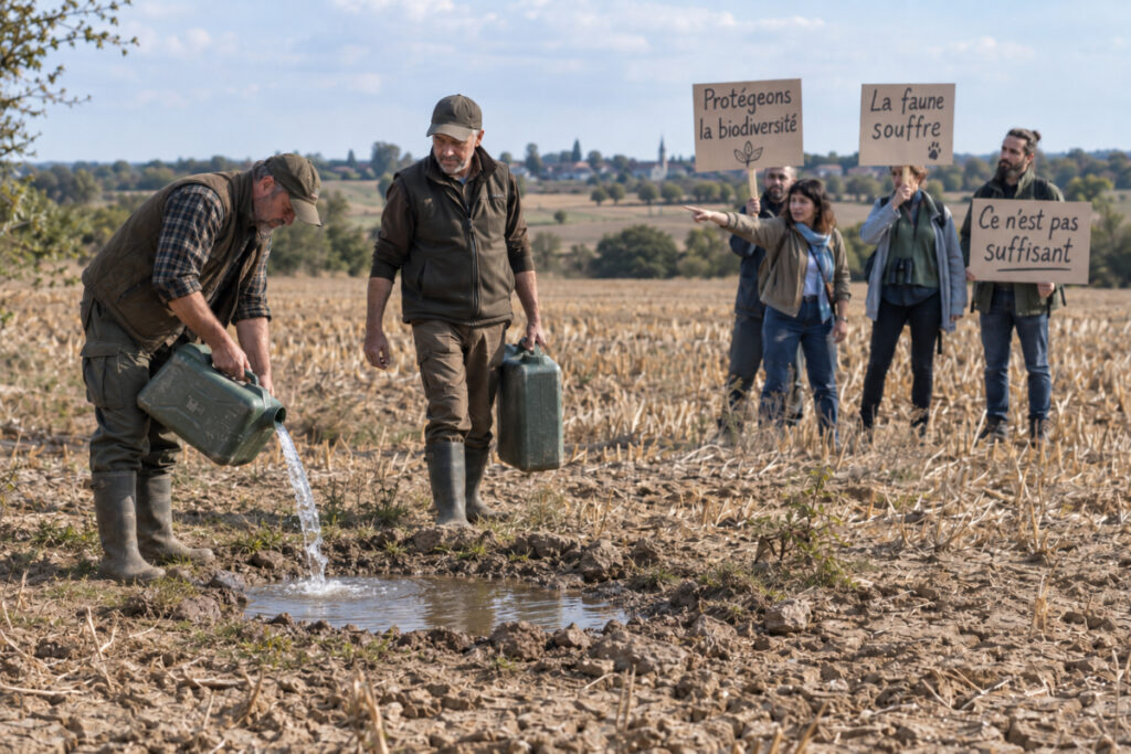 Chasseurs abreuvant un point d'eau sous les critiques