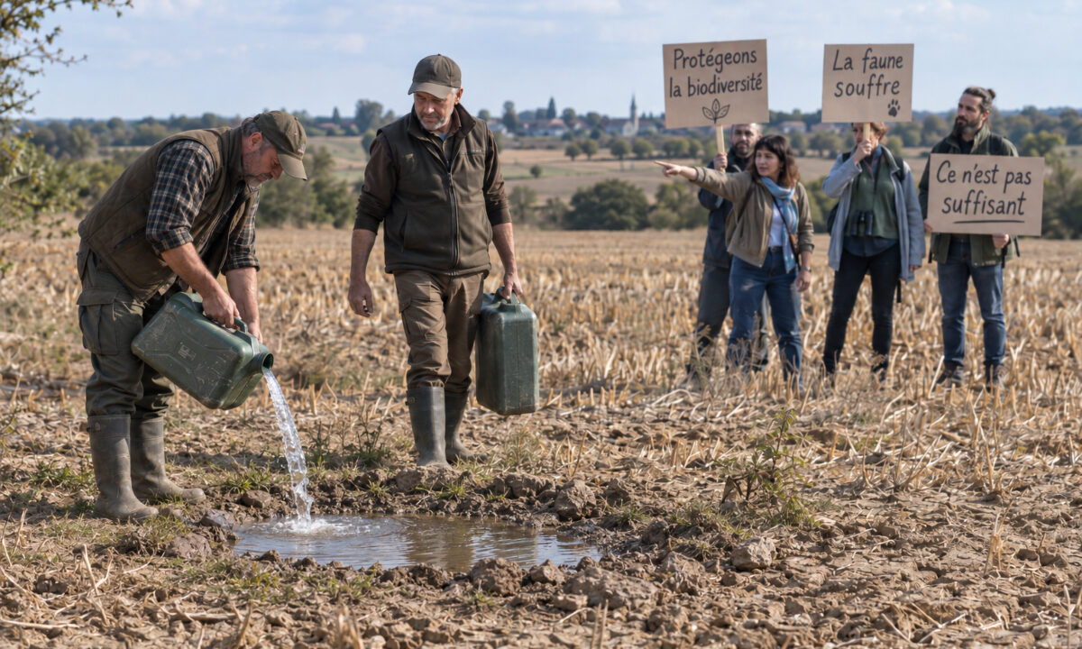 Chasseurs abreuvant un point d'eau sous les critiques