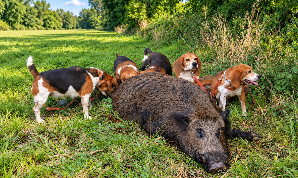 Les beagle de Ronan avec leur sanglier de 163 kg