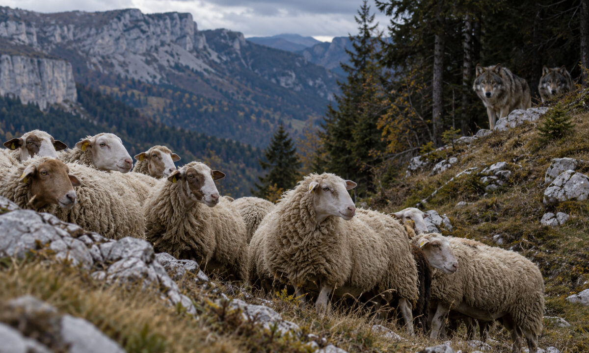 Loups en situation d'attaque sur des ovins